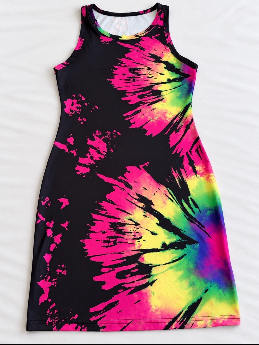SHEIN Black Tank Dress with Neon Pink & Rainbow Tie-Dye